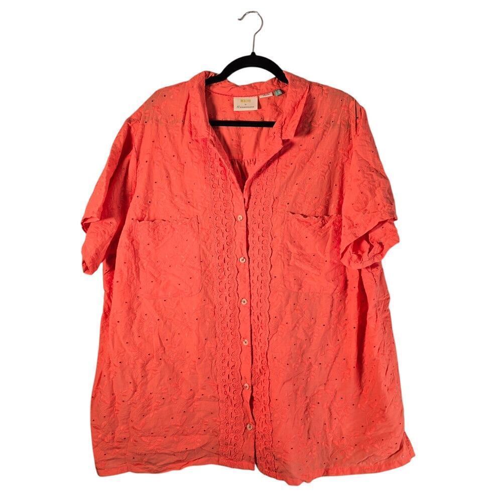 MAEVE Anthropologie Women's Floral Embroidery Button Down Shirt Coral Size 24W